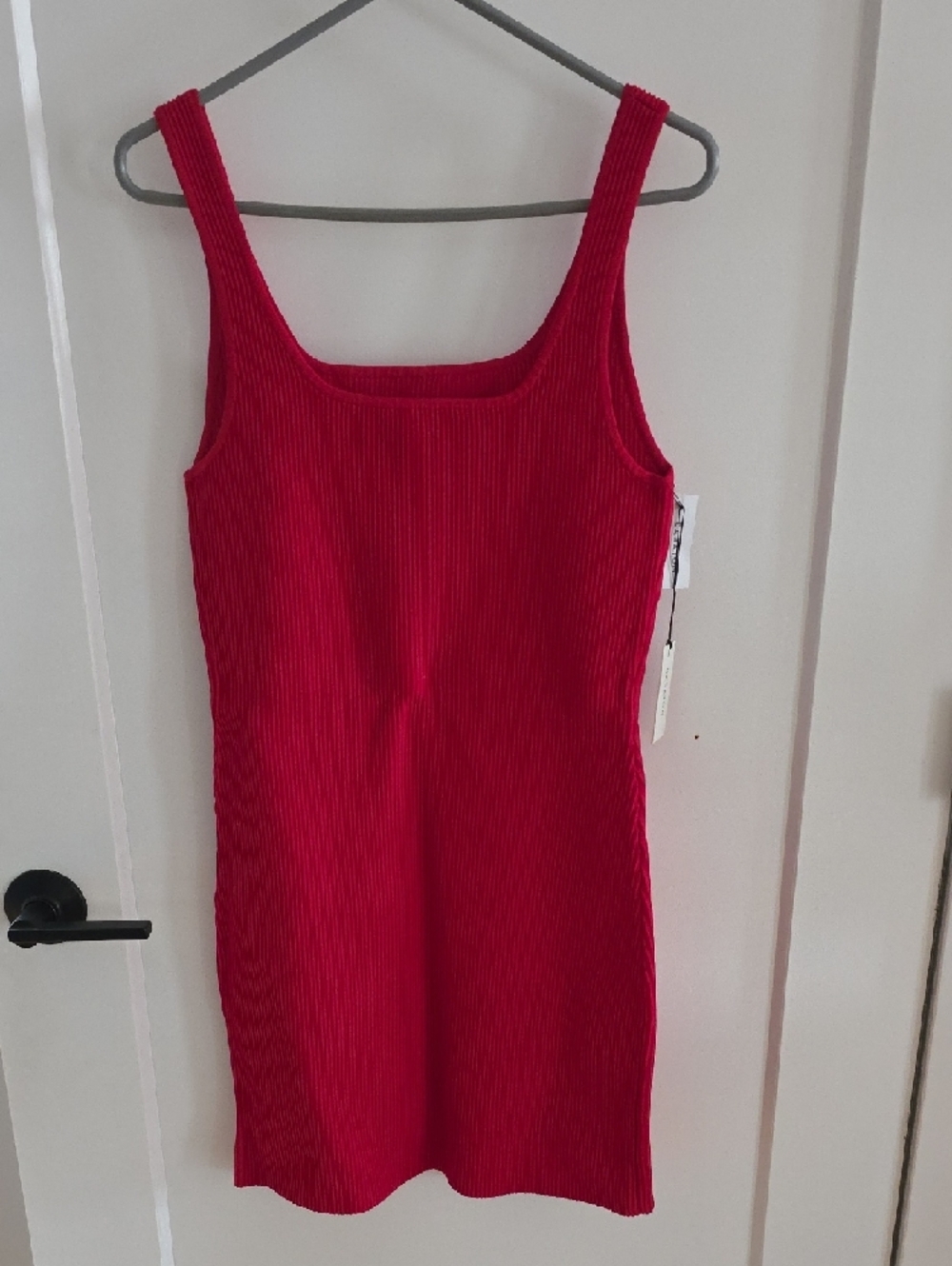 Red Ribbed Square-Neck Women's Dress - Picture 3 of 4